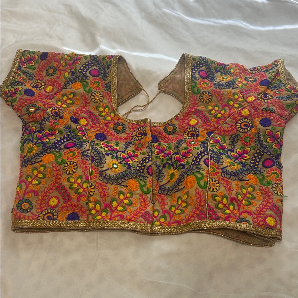 Saree blouse top. Beige Multi color thread embroidery. XS. NWOT